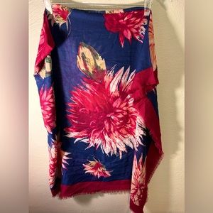 NWT Talbots Scarf Wrap Navy Blue Floral Fringe 55” X 56”